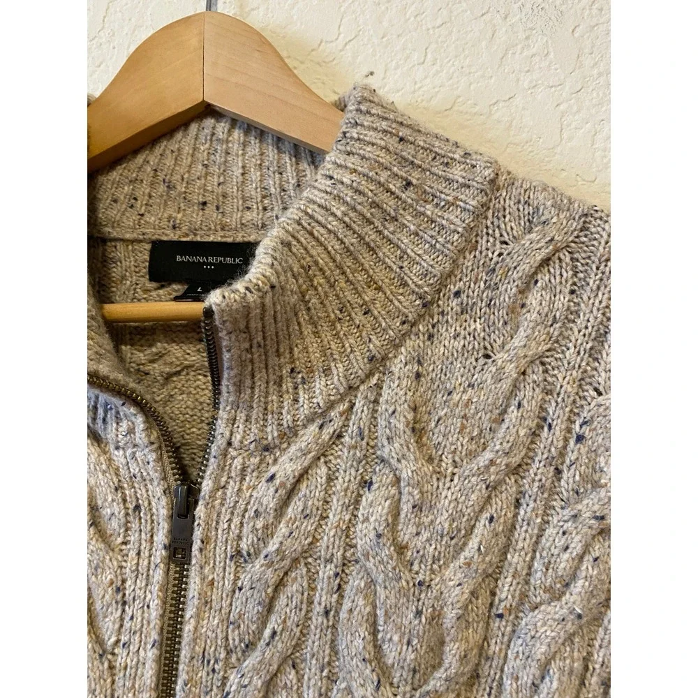 Banana Republic Full Zip‎ Cable Knit Sweater Size L Beige Wool Fisherman Old $